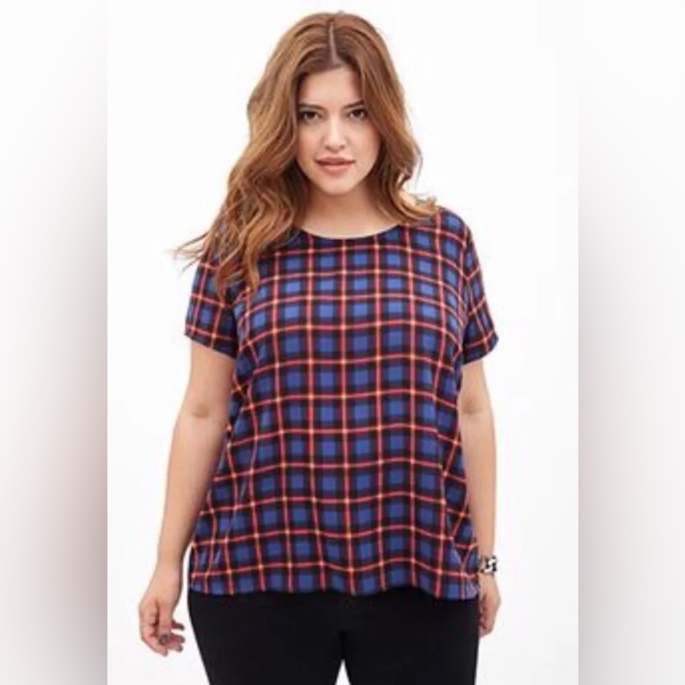 EUC Retro Preppy MOD Forever 21 Blue Tartan Plaid Woven Zipper Back Tee XL